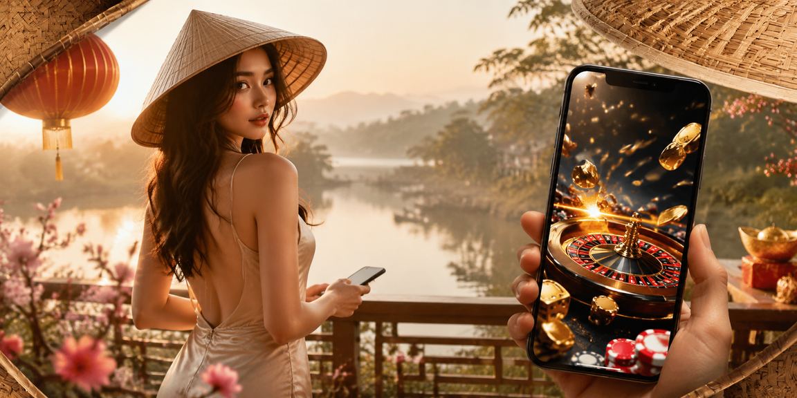 Thiếu nữ đội nón lá tại Đà Lạt dùng điện thoại truy cập xổ số trực tuyến giữa khung cảnh sương mù