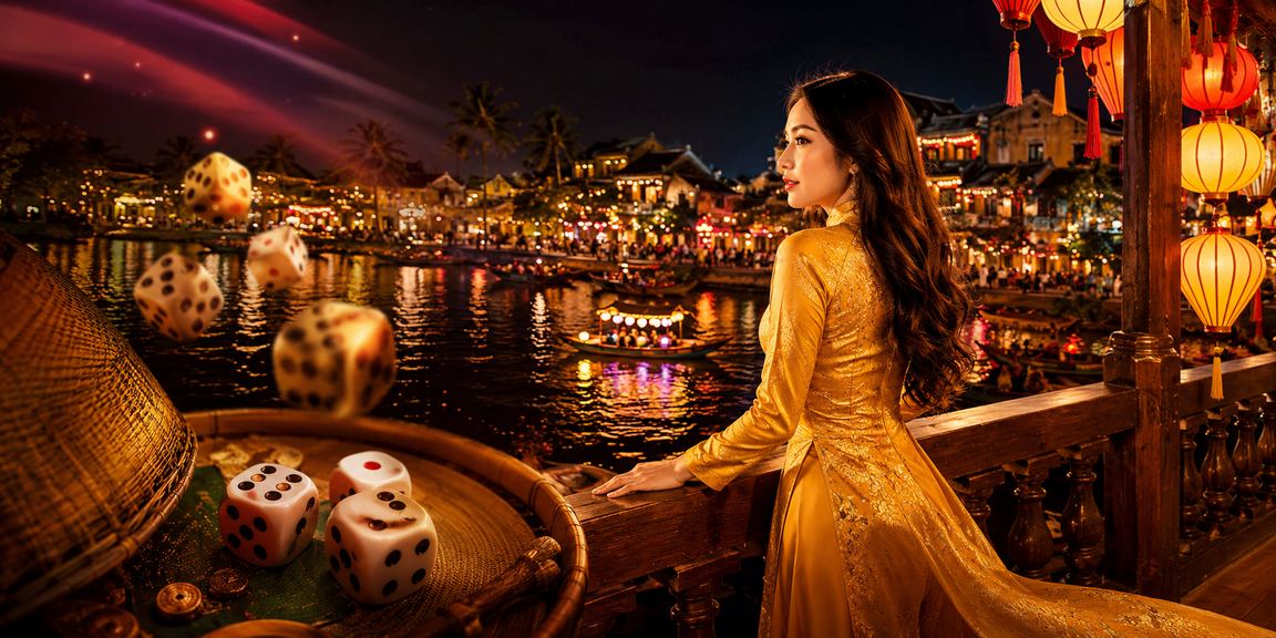 Thiếu nữ áo dài tại phố cổ Hội An bên bàn tài xỉu, gợi lên không khí lễ hội và jackpot trực tuyến